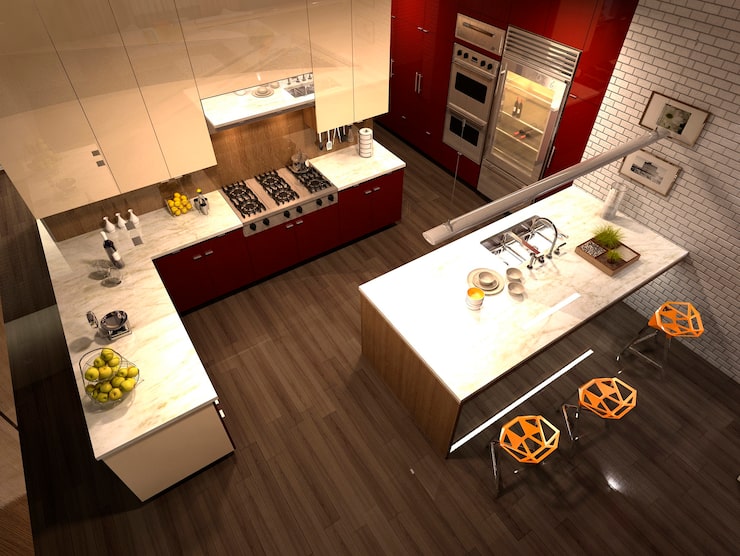 Foto interior moderno de cocina con sala de estar