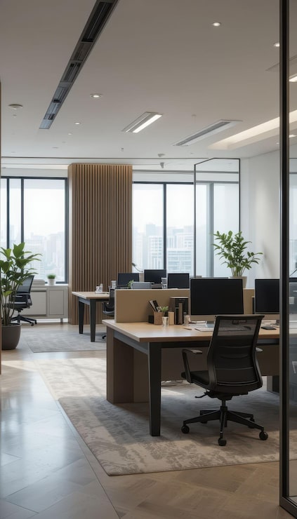 Foto interior de oficina moderno con luz natural y plantas verdes