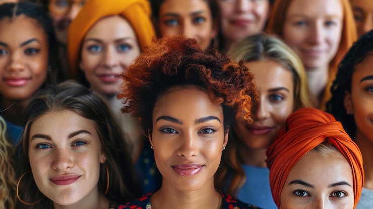 Foto jovem mulher sorridente em destaque com grupo diverso ao fundo