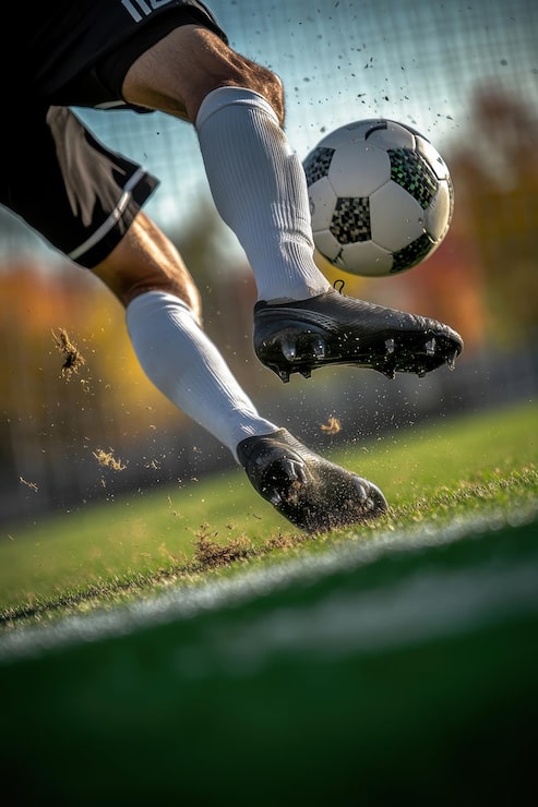 Foto el jugador patea una pelota de fútbol en un día soleado durante un partido de otoño en un parque local