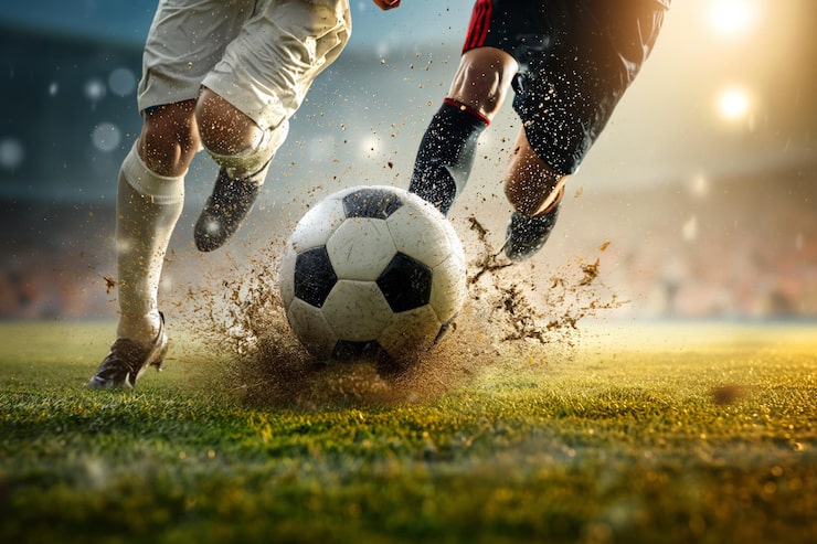 Foto los jugadores de fútbol driblan luchando y pateando una pelota en un campo