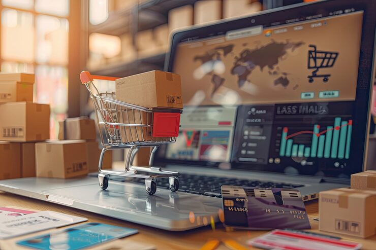 Foto laptop con gráfico de ventas y carrito de compras que simboliza el éxito del comercio electrónico idea de crecimiento empresarial