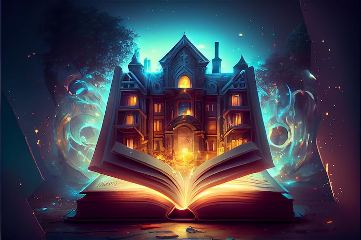 Foto libro abierto con luces y una mansión saliendo de él perfecto para libros de magia generativa ia