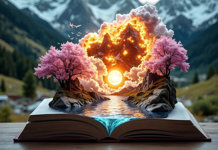 Foto un libro abierto que muestra una ilustración de un río sereno que fluye a través de majestuosas montañas