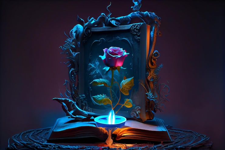 Foto un libro con una rosa y la imagen de un dragón.