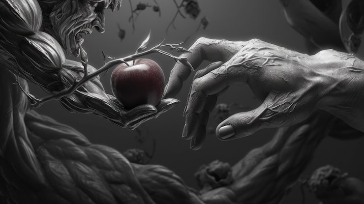 Foto una mano alcanza una manzana que está siendo sostenida por una mano.
