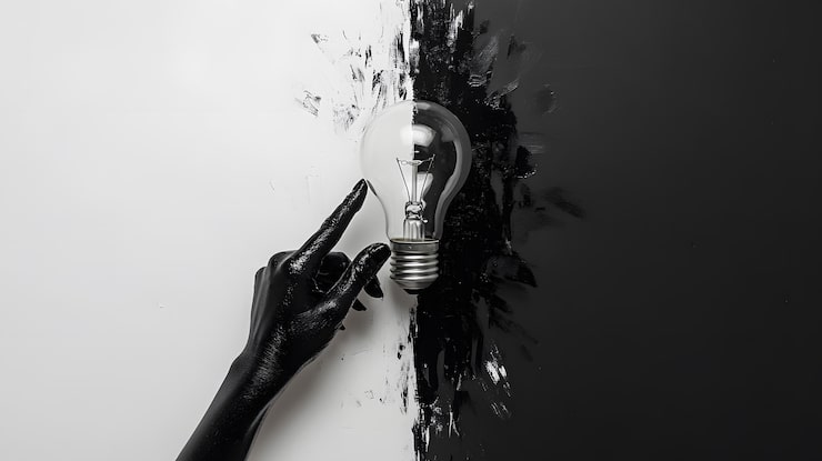 Foto la mano negra alcanzando una bombilla contra un fondo blanco y negro