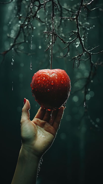 Foto manos femeninas sosteniendo manzanas rojas con humo en fondo oscuro
