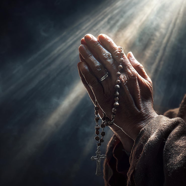 Foto manos sosteniendo suavemente un rosario con luz suave simbolizando fe, devoción y oración