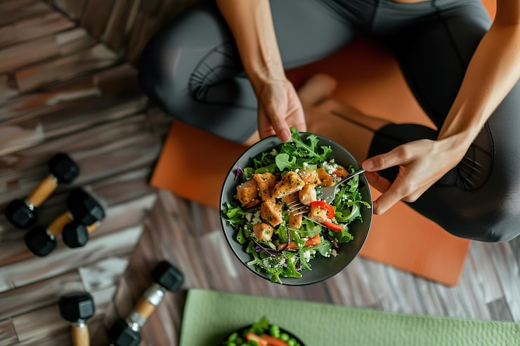 Foto mãos segurando um garfo e comendo uma salada saudável com dumbbells de frango no chão perto de um tapete de ioga perto de sua perna