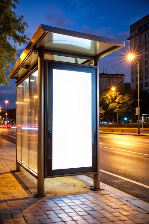 Foto maqueta de una caja de publicidad ligera en una parada de autobús por la noche