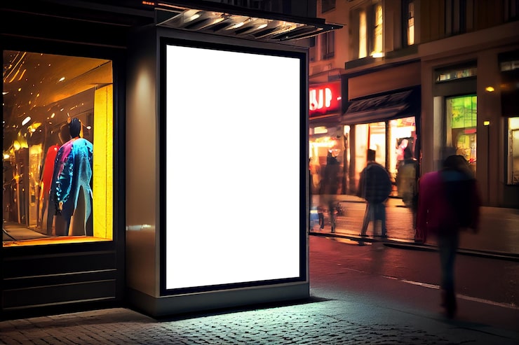 Foto maqueta de cartelera en blanco en la ventana de escaparate de la calle de la tienda en una ciudad por la noche generativo ai