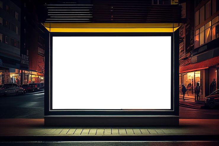 Foto maqueta de cartelera en blanco en la ventana de escaparate de la calle de la tienda en una ciudad por la noche generativo ai