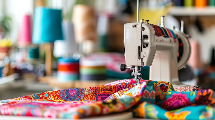 Foto máquina de coser de alta gama rodeada de telas coloridas en un estudio de coser creativo concepto de arte textil artesanía diseño de moda y espacio de trabajo creativo espacio de copia