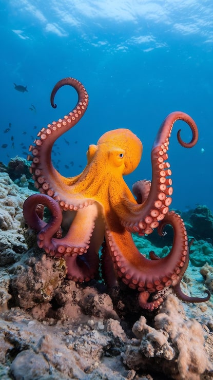 Foto mar de pulpo naranja brillante con cabeza grande y tentáculos gruesos en el mar mediterráneo