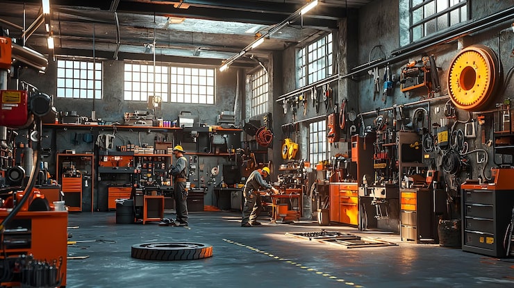 Foto mechaniker arbeiten an bremsen in einer industrieautoreparaturwerkstatt