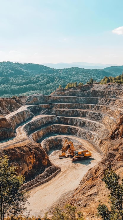 Foto minería a cielo abierto con maquinaria en terrenos montañosos