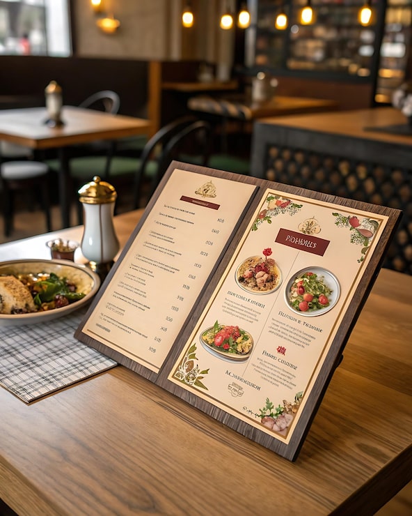 Foto un modelo de menú de comida y un menú para un restaurante llamado brunch se sienta en una mesa
