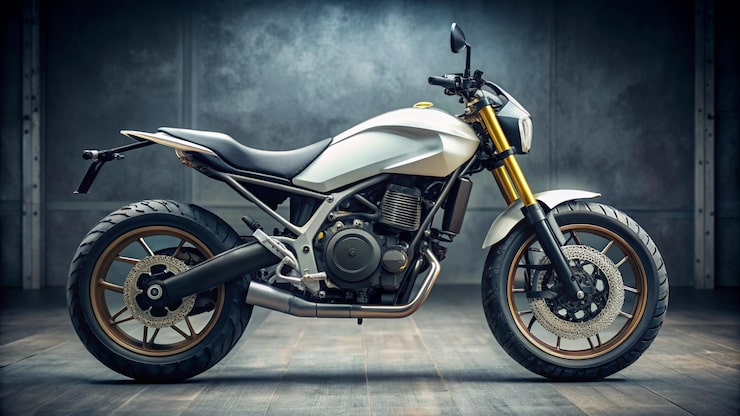Foto una motocicleta con un cuerpo blanco y dorado está en un piso de madera