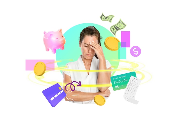 Foto mujer estresada png remix de finanzas digitales fondo transparente