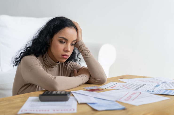 Foto mujer joven estresada tiene problemas financieros deuda de tarjeta de crédito para pagar crucial