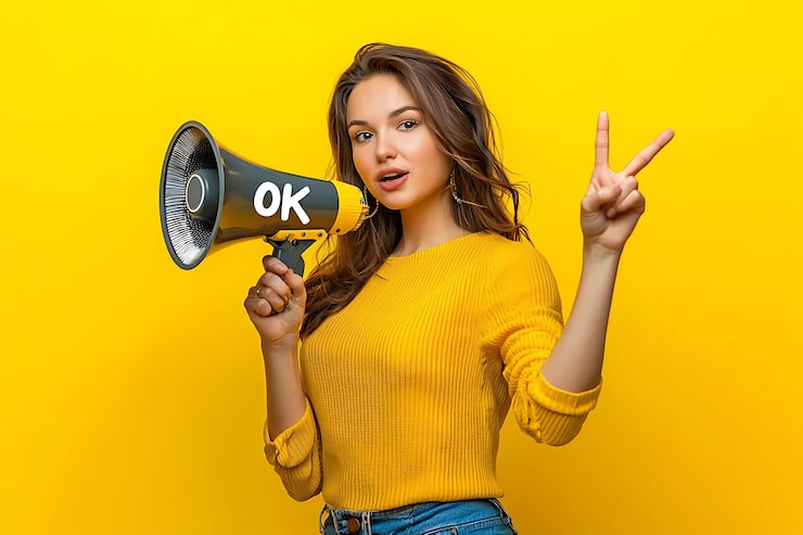Foto mujer sosteniendo un megáfono y haciendo el signo de la paz sobre fondo amarillo