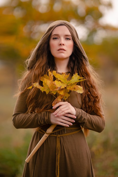 Foto mulher ruiva com vestido andando na floresta de conto de fadas de fantasia