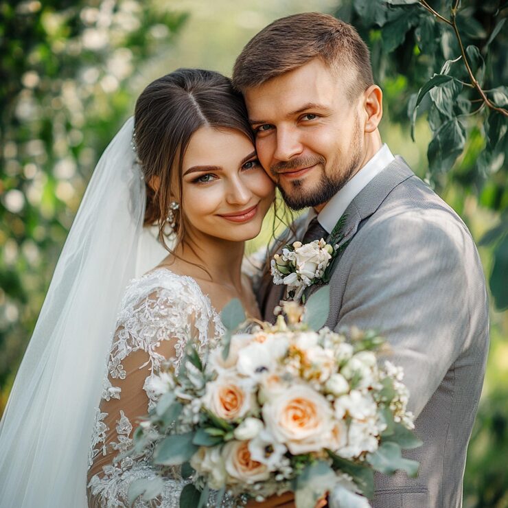 Foto una novia y un novio posan para una foto frente a un árbol