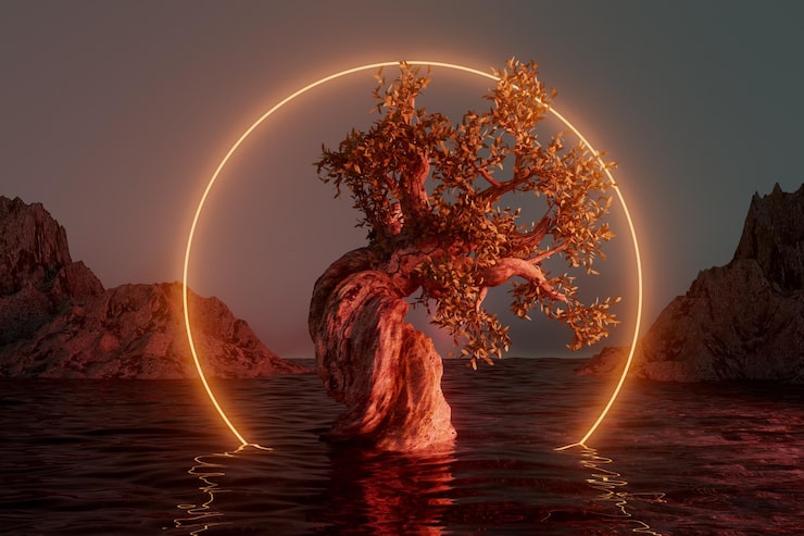 Foto paisaje abstracto con círculo de neón amarillo y render 3d de árbol