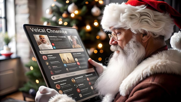 Foto papai noel está olhando para uma tela que diz dar uma mensagem de natal