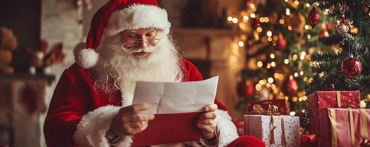 Foto papai noel lendo cartas de natal para crianças perto da árvore de natal