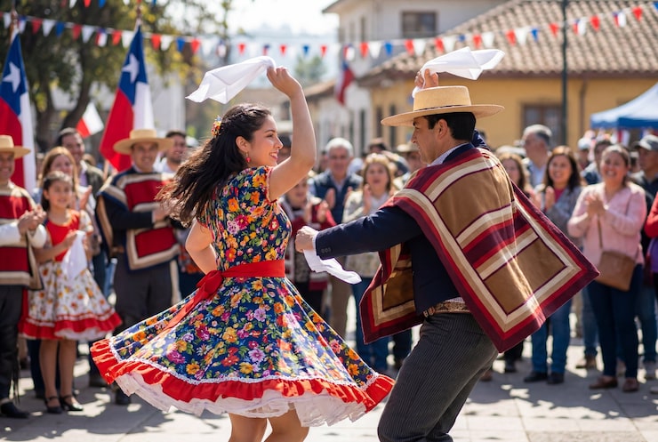 Foto pareja bailando cueca en plaza chilena