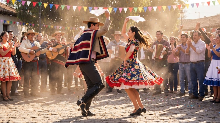 Foto pareja bailando cueca tradicional en festival chileno