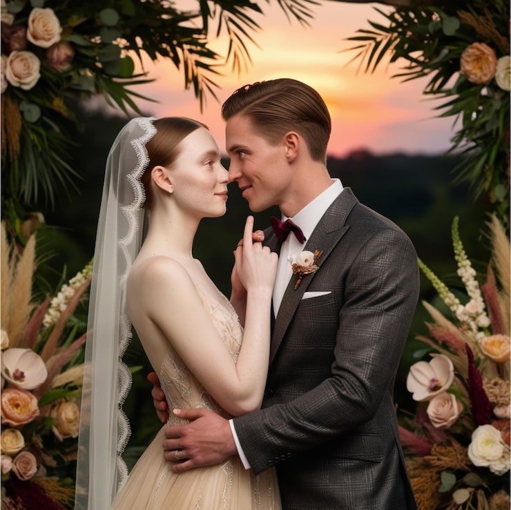 Foto una pareja de recién casados posando para una foto con flores en el fondo