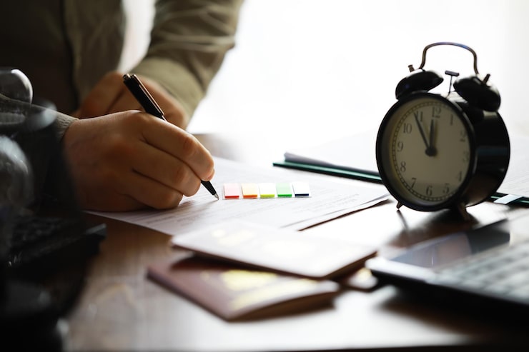 Foto person arbeitet am schreibtisch mit wecker und bunten haftnotizen im büro