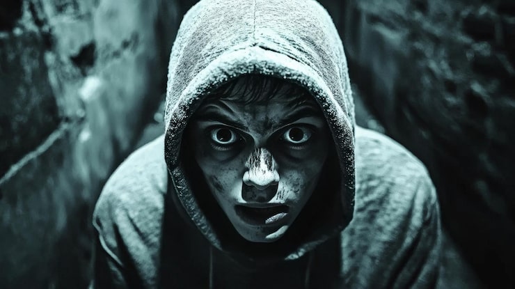 Foto una persona de pie congelada con ojos grandes y temerosos en un callejón oscuro su cara llena de terror