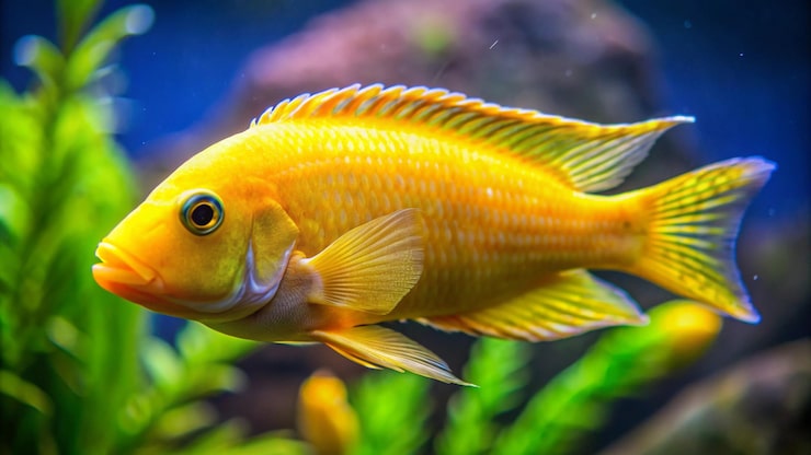 Foto un pez con una cara amarilla está en un acuario