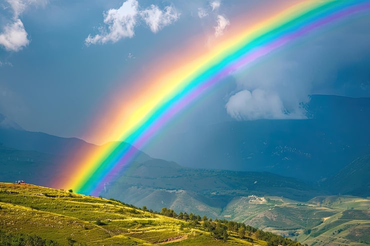 Foto pintoresco arco iris que se extiende sobre exuberantes colinas y montañas verdes