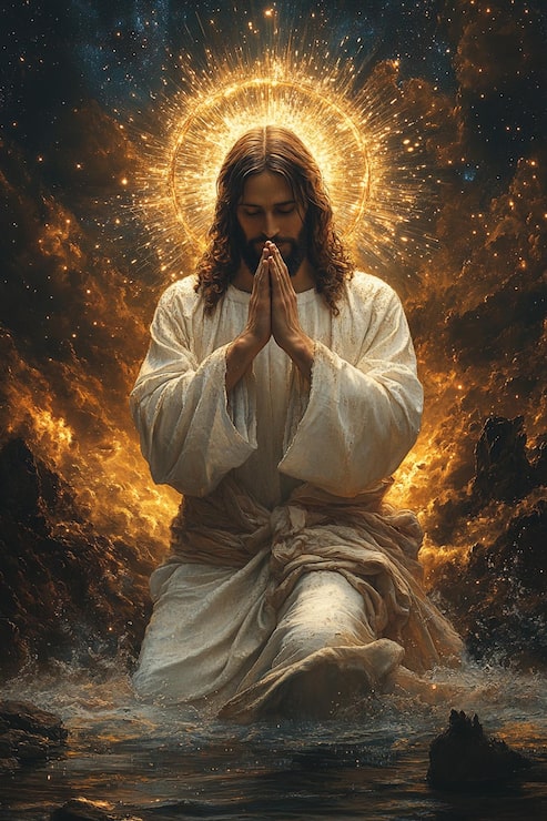 Foto una pintura de jesús en azul y blanco con las palabras jesús