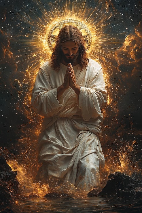 Foto una pintura de jesús en azul y blanco con las palabras jesús