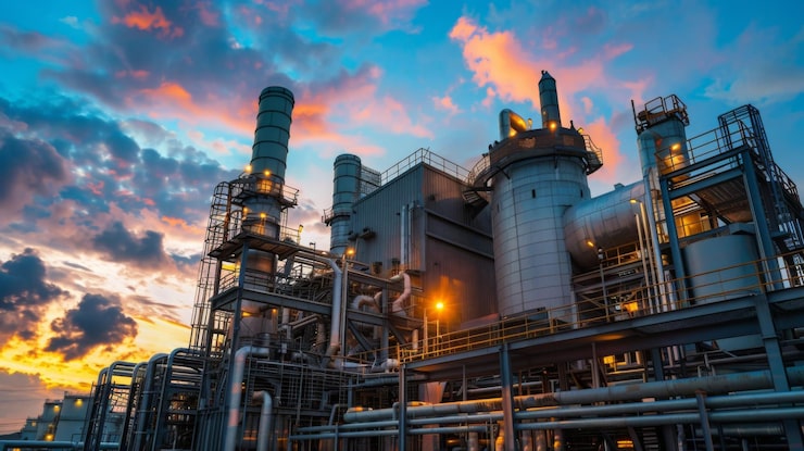 Foto planta de energía industrial al atardecer con un cielo dramático en un entorno urbano