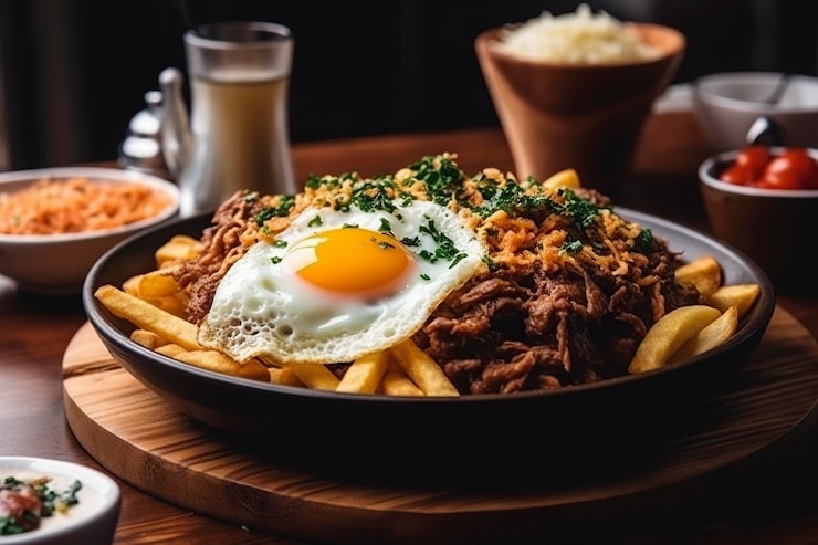 Foto prato de arroz cozido, ovos fritos e batatas