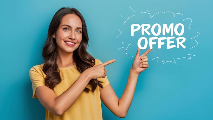 Foto un primer plano de una chica morena segura y feliz señalando con el pulgar izquierdo comprobando la oferta promocional en white