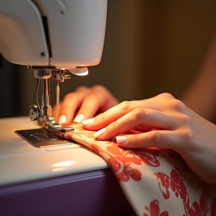 Foto un primer plano de una persona que usa una máquina de coser para coser tela