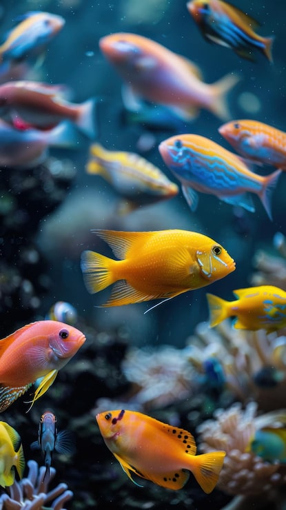 Foto un primer plano de un tanque de peces con peces vibrantes nadando destacando la vida acuática y el cuidado del acuario doméstico