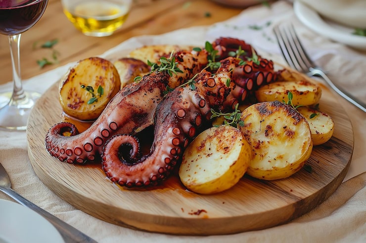 Foto pulpo a la gallega pulpo español plato español típico de galicia hecho de pulpo con patatas aceite de oliva y pimentón servido en tabla de madera con vino receta popular de pulpo