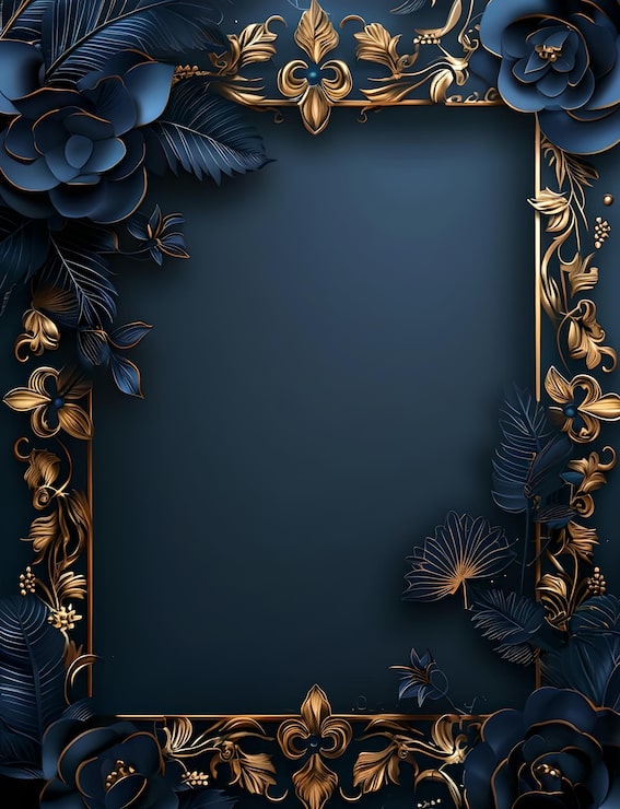 Foto quadro floral azul escuro com acentos dourados elegante luxuoso design real para papéis de parede e