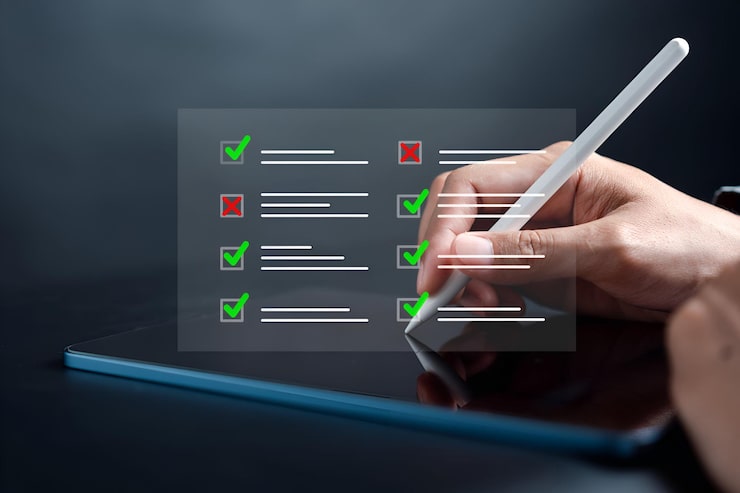 Foto qualitätszertifikat und checkliste dokumentanalytiker zielmarketing-planungsaufgabe mit qualitätsmanagement standardisierung zertifizierung übereinstimmung mit