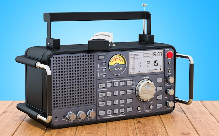 Foto radio digital en la mesa de madera renderizado 3d