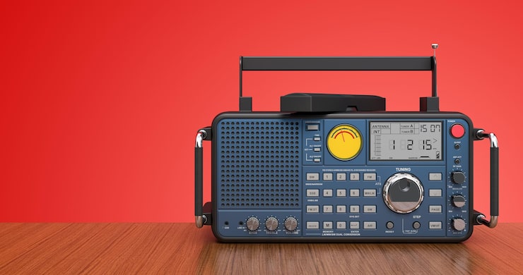 Foto radio digital en la representación 3d del escritorio de madera